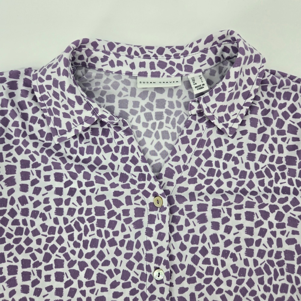 Susan Graver Liquid Knit Shirt M Purple White Geometric 3/4 Sleeve Spandex VGUC
